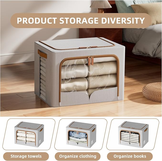 FHSQX 6 Pack Clothes Storage Bins with Metal Frame | Light Grey, 40L, 16.5x12.2x12.2 inch,Portable, Large Clear Window, Durable Handles, Foldable - Image 3