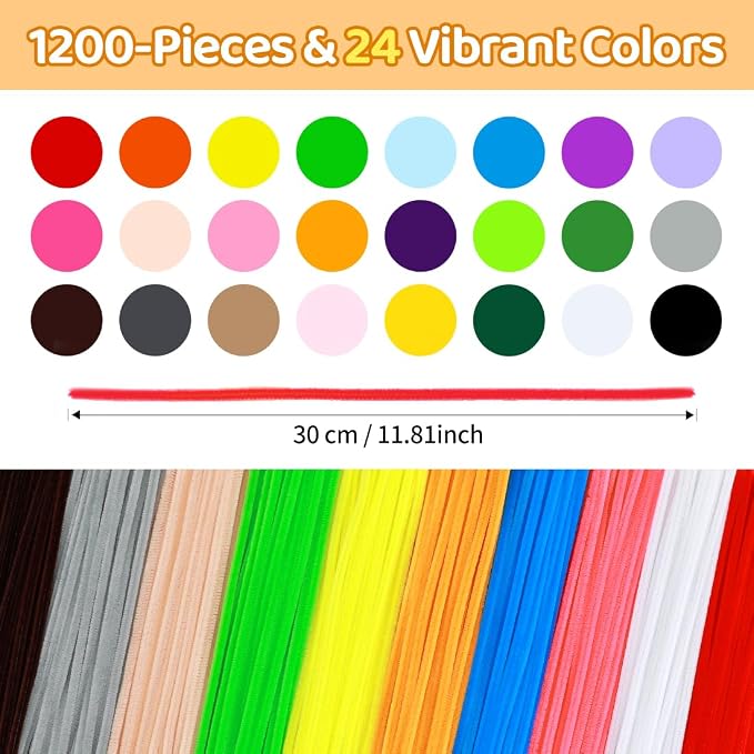 AIZANYU 1200pcs Pipe Cleaners Bulk. 24-Color Chenille Stems for Craft. Art Supplies for Flowers. Flower Making Manual Included - Image 3