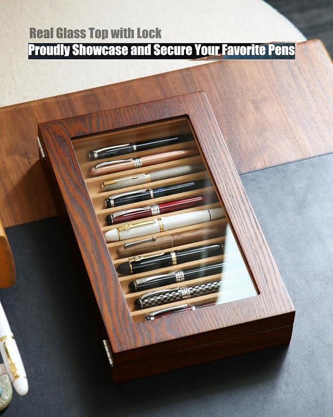 12-Slot Fountain Pen Collector Case – Lockable Wooden Organizer with Glass Display Top, Premium Storage Box for Writing Instruments and Gift for Men - Image 6