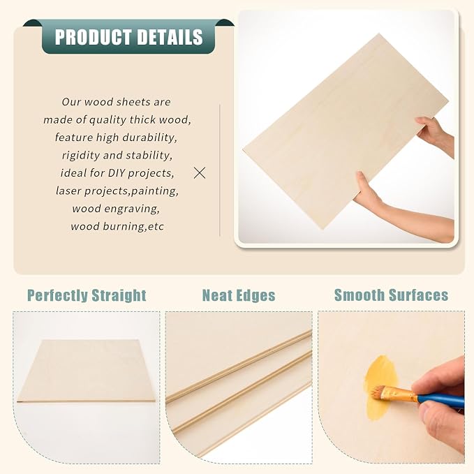 6 Pack 12 x 24 x 1/4 Inch-6mm Thick Basswood Sheets for Crafts Unfinished Plywood Sheets Rectangular Wood Panel Boards for DIY Laser Project, Wood Burning, Engraving, Architectural Models, Staining - Image 3
