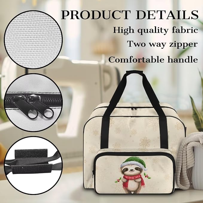 Sewing Machine Storage Bag Large Capacity Appliance Dust Bag Universal Versatile Travel Tote Bag Portable Sewing Machine Organizer Bag, Sloth Holly Santa Hat Scarf Snowflake Beige - Image 5