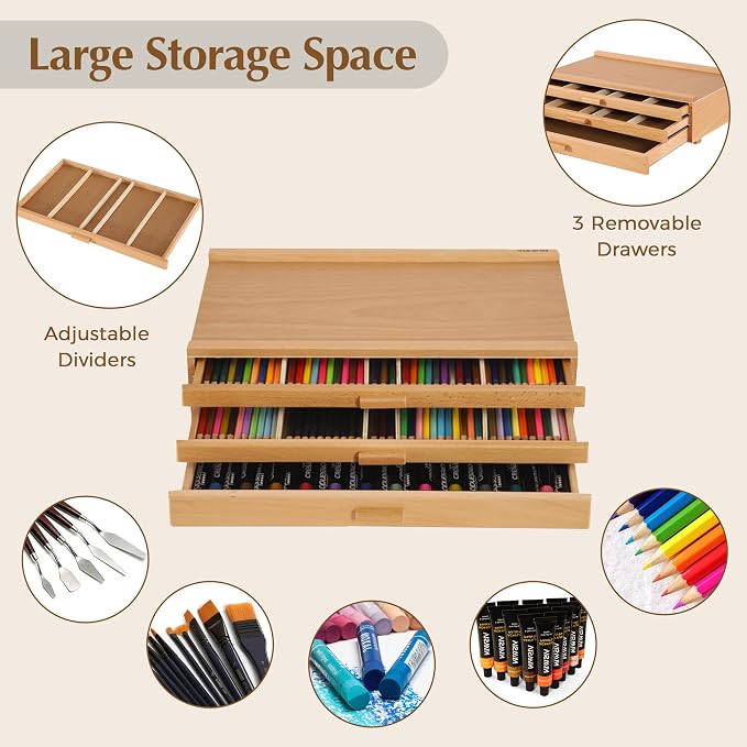 Upgraded 3-Drawer Wood Artist Supply Storage Box with Removable Dividers, Premium Beech Wood Art Storage Box, Portable Organizer Box for Paints, Pastels, Pencils, Brushes and Art Supplies - Image 3