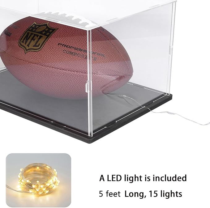 Clear Acrylic Display Case for Collectibles Assemble Transparent Acrylic Box Dustproof Protection Showcase with Black Wood-Plastic Base and Lamp Beads,Inside 7.9x3.9x3.9inch