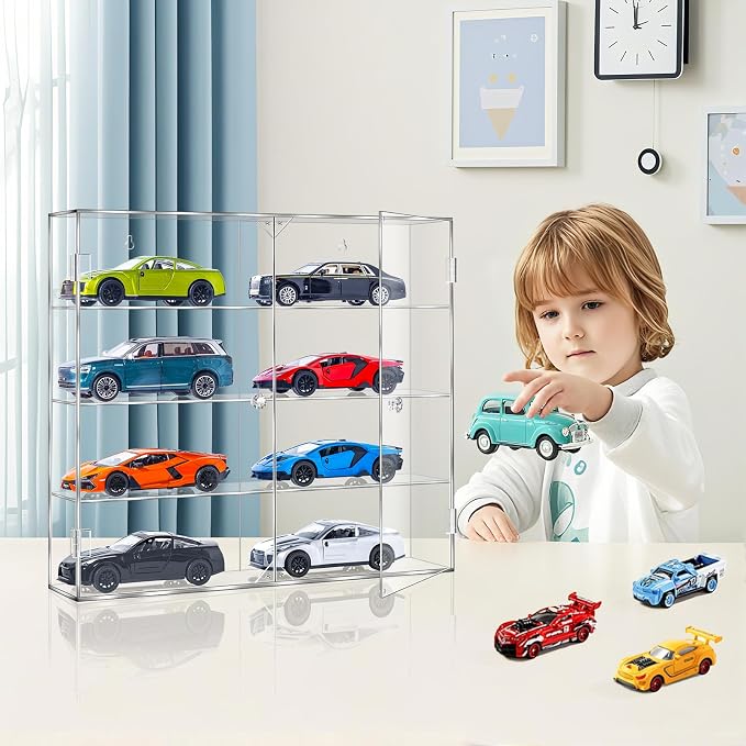 JUESHA Acrylic Display Case for 1/24 Scale Diecast Storage | 4 Levels 8 Slots Toy Cars Showcase Wall Mount Or Desktop, Clear Display Organizer for Nascar Diecast Model Car Tabletop - Image 5