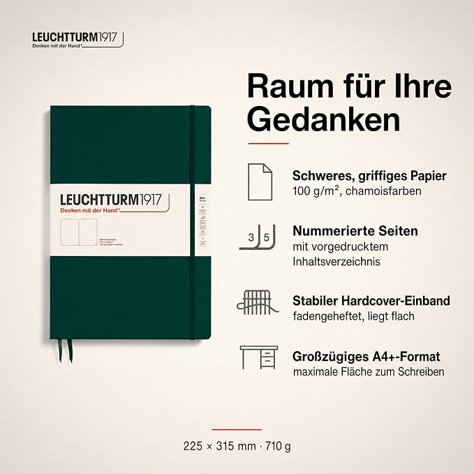 LEUCHTTURM1917 - Notebook Hardcover Master Slim A4+ - 123 Numbered Pages for Writing and Journaling (Forest Green, Plain) - Image 3