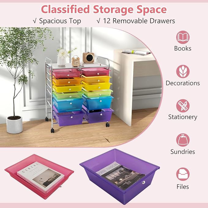 DREAMADE Rolling Cart with Storage Drawers, Utility Cart with Removable Plastic Drawers, Lockable Wheels, Art Cart for Classroom Organization Art Supplies Office Scrapbook (‎12 Drawers, Rainbow) - Image 6