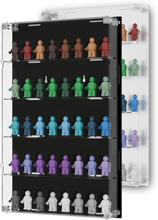 Acrylic Minifigure Display Case - Wall Mount Mini Figure Storage Shelves with Black Background - Holds 40 Tall Minifigs - Clear Shelf Box for Large Minifigures - Stands & Extra Accessories