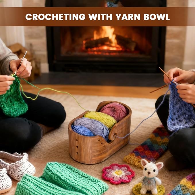 Wooden Yarn Bowl with Lid & Phone Slot Oval Crochet Yarn Holder Bowl | 11.4x5.9x4.7in Large Oval Acacia Wood Yarn Bowl Knitting for Crocheters, Crochet Yarn Holder Bowl (Oval - Acacia wood) - Image 2