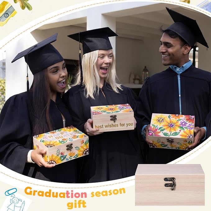 Fiwochic 6 Sets 2027 Senior Boxes Unfinished Wooden Boxes for Graduation Crafts DIY Graduation Memory Keepsake Box 6.7"x5.1"x3.1" with Paints Brushes Gem Letter & Number Decals for Class of 2027 Gifts - Image 6
