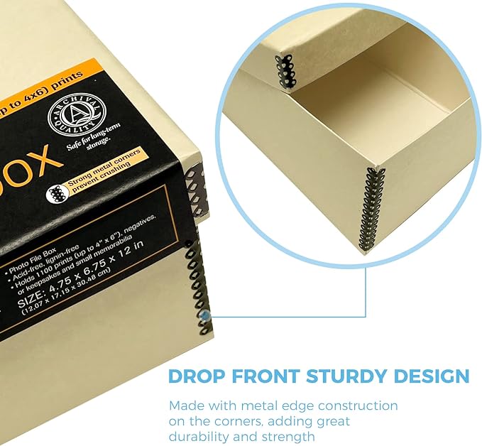 Lineco Archival Photo Card Box, Museum-Quality, 4x6x12 Inch, Tan, 2 Pack | Acid-Free with Removable Lid, Metal-Edge Corner, Bulk Storage and Preservation for Negatives, Prints, Films, Photos, Snapshot - Image 4