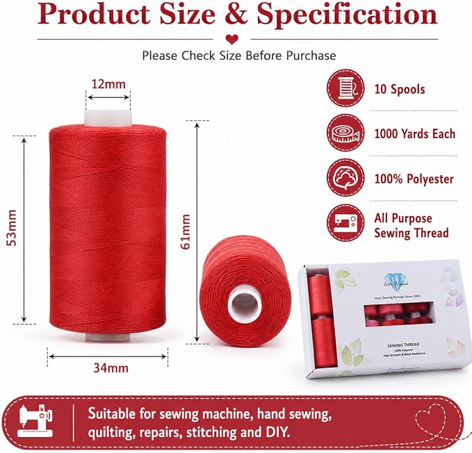 Simthread All Purpose Sewing Thread, 10 Spool Assorted Red Series 1000 Yards Each Bobbin Polyester Thread for Sewing, Handy Polyester Sewing Threads for Sewing Machine - (Red Series) - Image 3