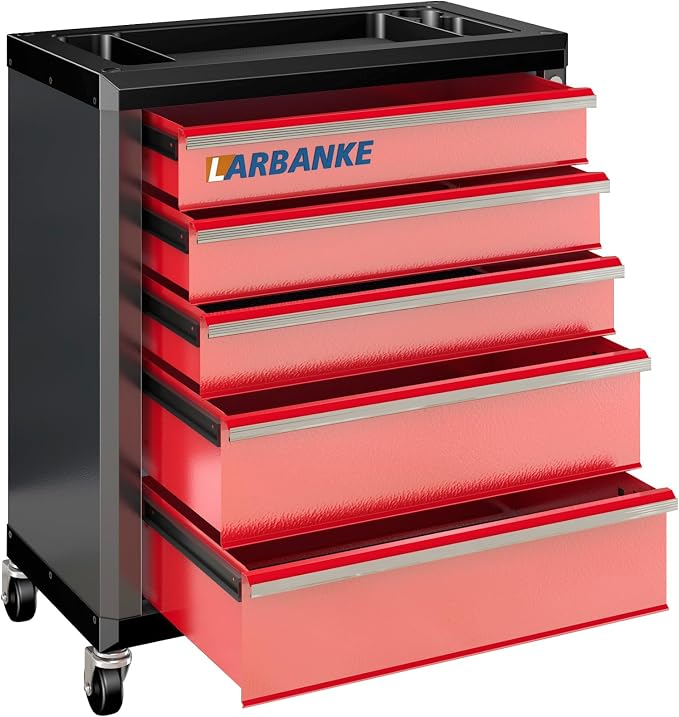 5 Drawer Rolling Tool Chest with Wheels,Lockable Tool Cabinet,Red | 360° Wheels with Brakes, Locking System, Waterproof Multifunction Top, Connect Rods for Stacking with Same Series Cabinet by LARBANKE