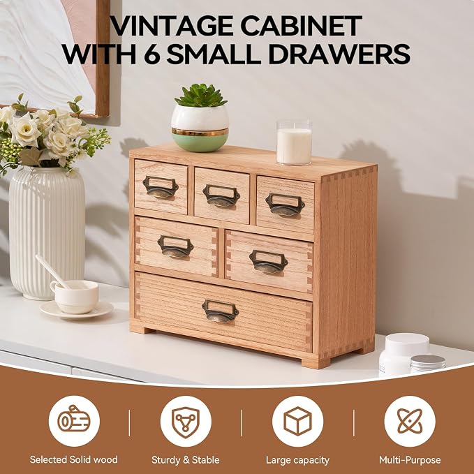 KIRIGEN Wooden Desk Organizer with 6 Drawers, Label Holders, Natural 3D6CG | Fully Assembled Solid Wood Cabinet Stores Office Supplies, Crafts, Makeup, and Small Accessories on Desks or Counters - Image 4