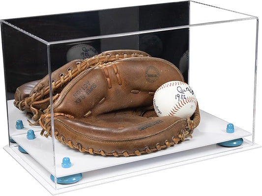 Better Display Cases Acrylic Catchers Glove Display Case with Mirror Case, Light Blue Risers and White Base 14" x 8" x 8.5" (V16/A011)