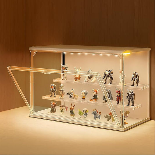 Clear Display Case for Collectibles, 3-Tier Stackable LED Figure Display Case with Magnetic Door, Adjustable Showcase for Models, Miniatures, Jewly (White, 8.8“H-1PC)