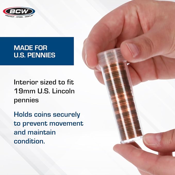 BCW Penny Coin Tubes for US Lincoln Pennies, Airtight Screw Caps, 100 Pack | Each tube holds 50 unwrapped 19 mm US Lincoln pennies with a secure screw-on cap for organized storage and display. - Image 4