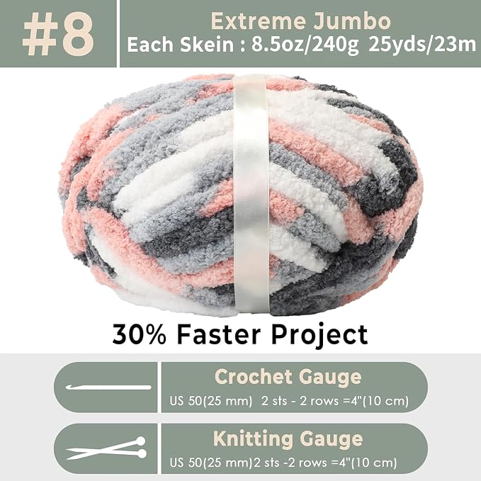 Chunky Chenille Yarn for Hand Knitting 8 Jumbo Pack Chunky Yarn for Hand Soft Blanket Knitting, Bulky Thick Fluffy Yarn for Crocheting (Sage Green + Kitten) - Image 2