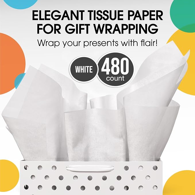 Party Solids White Tissue Paper for Gift Bags - 15" X 20" Bulk Tissue Paper White 480 Sheets - 10lb Newsprint for Packing, Birthday Gift Box Filler, Packing Supplies for Moving Supplies - Image 3