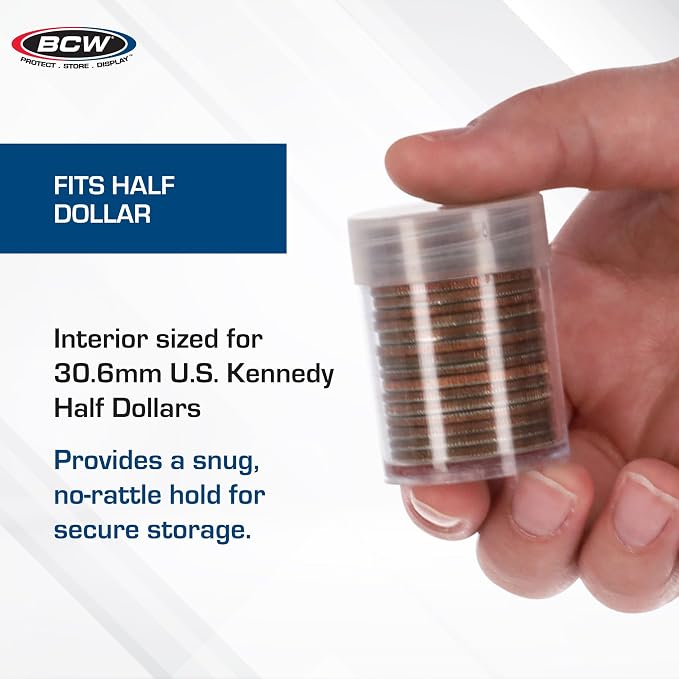 BCW Half Dollar Coin Tubes for Kennedy Half Dollars, Airtight, 10 Pack | Each reusable screw-cap tube holds 20 unwrapped 30.6 mm coins and helps limit air exposure during storage or display. - Image 4