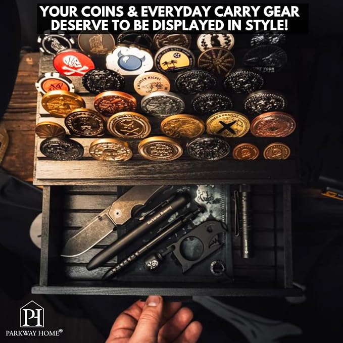 Large Black Wooden Challenge Coin Display Case with Clear Cover - Military Coin Display Case Holds 36 Coins on Top & 36 in The Storage Drawer - Versatile Coin Stand Holder & Poker Chip Display Case - Image 4