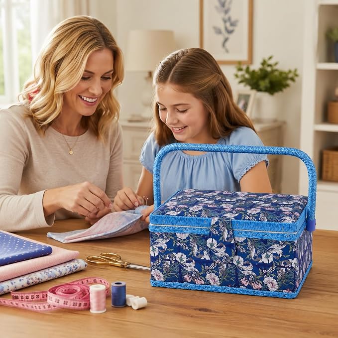 Sewing Basket with Sewing Supplies, Large Sewing Box for Accessories Storage, Blue White Flower Pattern - Image 5