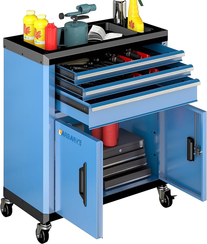 LARBANKE Rolling Tool Chest with Lock&Keys,360° Wheels and Drawer Liners,Tool Cabinet with 3 Drawers&2 Doors,Tool Cabinet Equipped with Connecting Rods for Stacking with 5&7-Drawer Chest by LARBANKE