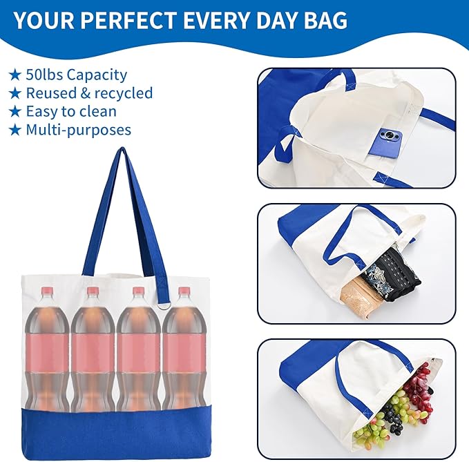 1 Pack Canvas Tote Bag with Zipper, Large Grocery Tote, Royal Blue | Reusable, washable, inner pocket, flat bottom, sturdy handle, for sublimation DIY/transfer, travel/beach/gift/Christmas craft - Image 3