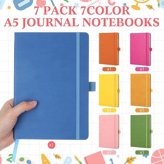 Laumoi 7 Pack Hardcover Lined Journal Notebooks Bulk,Fashion Color,A5 | PU Leather Journaling, Wide Ruled, with Pen Holder, for Office Business Work Writing - Image 2