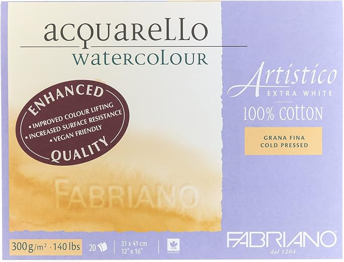 Fabriano Artistico Extra White Watercolor Block, 140 lb./300 GSM, Cold Press, 20 Sheets, 12" x 16" by Fabriano