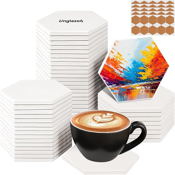 50 Pack 4 Inch Hexagon Ceramic Tiles for Crafts, Unglazed | Blank Ceramic Coasters with Cork Backing Pad, Perfect for Painting, Alcohol Ink, Acrylic Pouring - DIY Coaster by IHDYPPEW