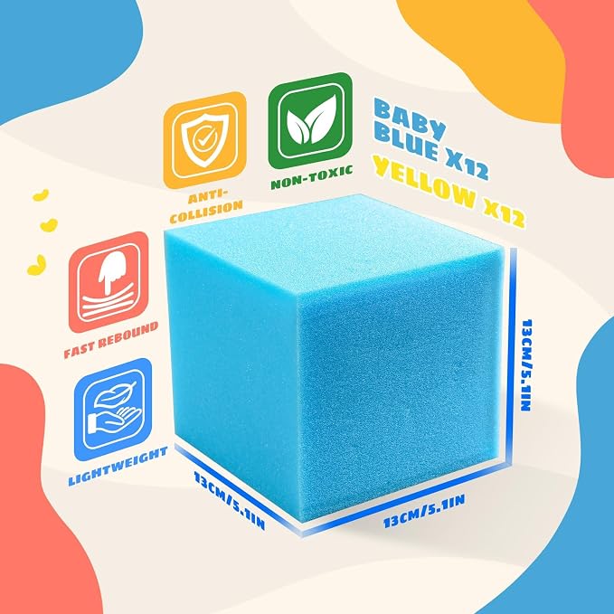 Foam Pit Cubes, 24 PCS 5 Inches Gymnastics Foam Blocks Trampoline Blocks, Multi-Sport Protective Padding for Freerunning, Trampoline, Parkour, Skate Parks & BMX - Blue & Yellow - Image 2