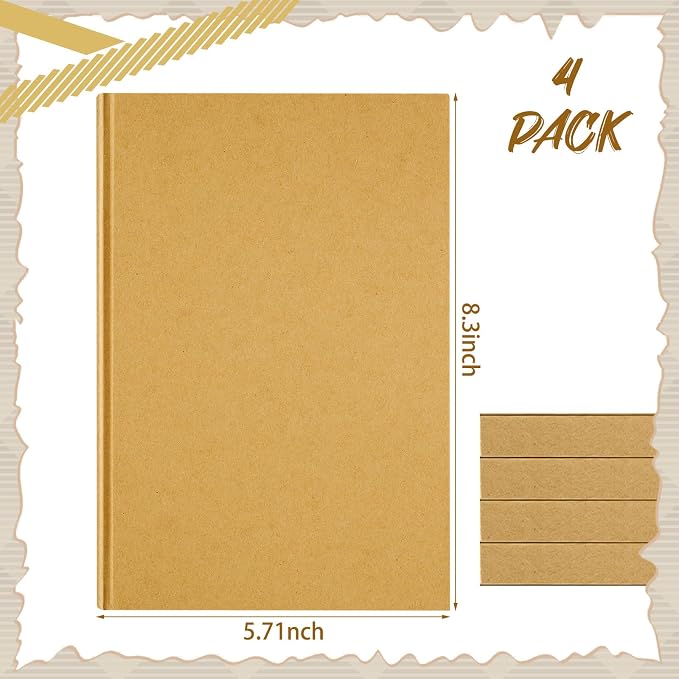 4 Pcs A5 Blank Notebook Journal Hardcover Sketchbook, 8.3 x 5.7 in | Bulk Unlined Sketch Book 100 Sheets/200 Pages Kraft Notebooks for Writing Drawing for Students School Office, Brown - Image 2