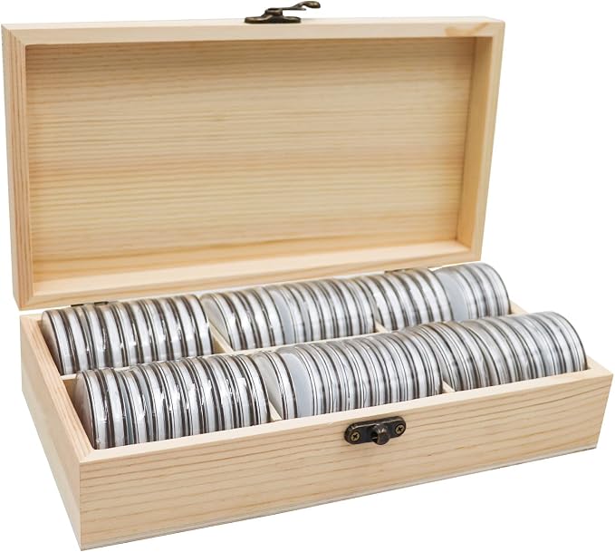 20-46 mm Wooden Coin Holder, 60 Pcs Highly Transparent Capsules With Foam Gasket, Collector Case, Professional Storage Box for Collection (Wood Color) by Dnoifne