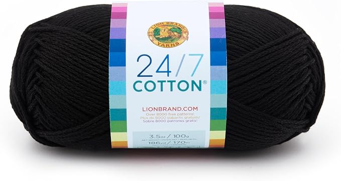Lion Brand Yarn, 24/7 Cotton Yarn, Black, 1 Pack | Light Worsted 100% Mercerized Cotton Yarn for Crochet, Knitting, Craft, 185 Yards of Natural Fiber for Tees, Bags, Dishcloths by LionBrandYarn