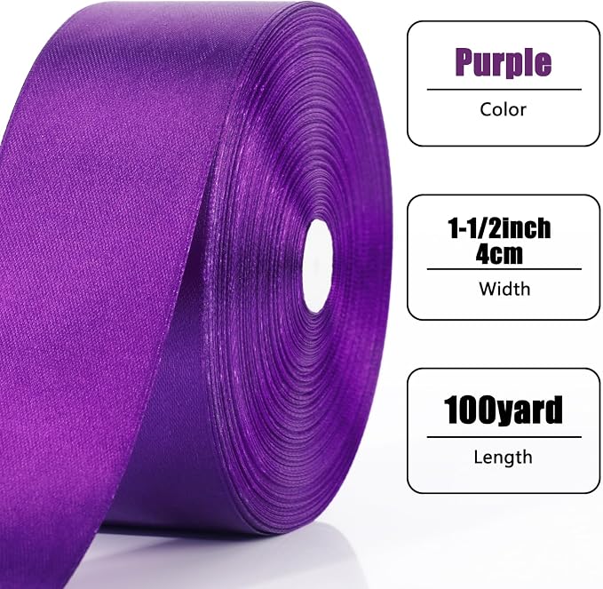 100 Yards Ribbon,1-1/2 Inch Purple Satin Ribbon,Single Face Satin Ribbons | Perfect for Gift Wrapping,Wedding Decoration,Handmade Bows,Wrapping Bouquet and More - Image 2