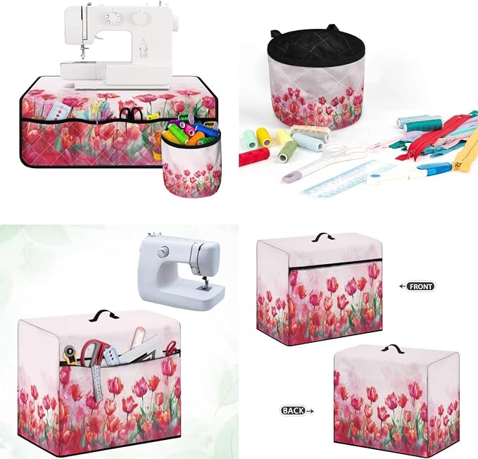 Red Tulips Sewing Machine Mat & Dust Cover, Sewing Machine Muffling Mats with Pockets for Sewing Accessories Reduce Vibration Home Decoration Easy to Clean - Image 2
