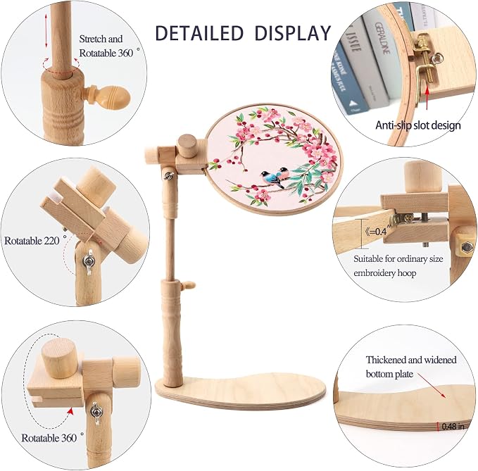 ZOCONE Beech Wood Embroidery Hoop Stand with 2 Pcs 6'' 8'' Embroidery Hoops | Natural Wooden Adjustable Rotated Embroidery Stand, Embroidery Hoop Holder for Cross Stitch and Embroidery Project - Image 2