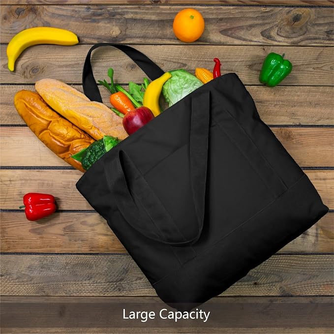TOPDesign 30-Pack Canvas Tote Bags with an External Pocket, Reusable Grocery Shopping Bags, Top Zipper Closure, Daily Essentials (Black) - Image 3