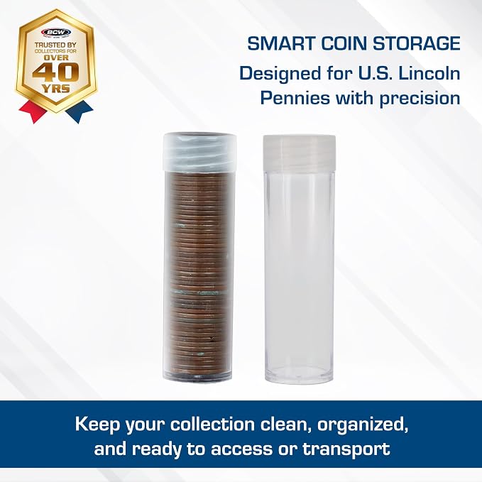 BCW Penny Coin Tubes for US Lincoln Pennies, Airtight Screw Caps, 100 Pack | Each tube holds 50 unwrapped 19 mm US Lincoln pennies with a secure screw-on cap for organized storage and display. - Image 2