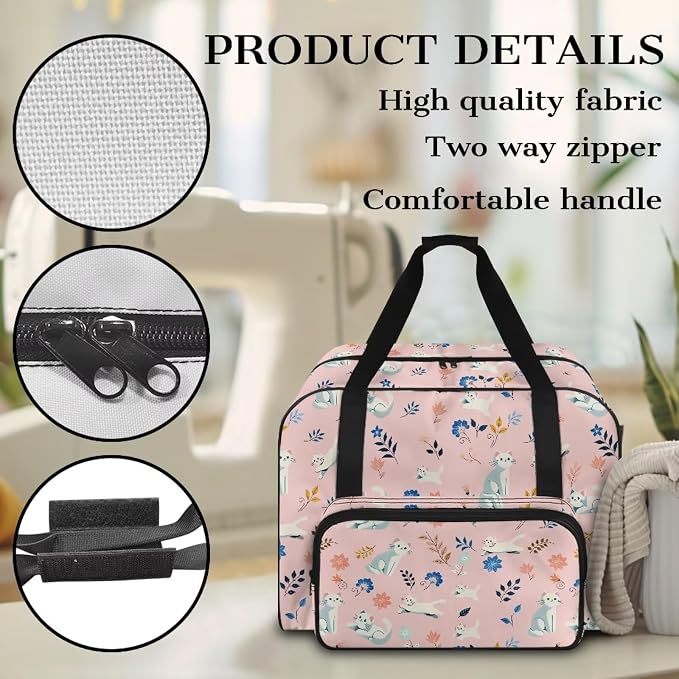 Sewing Machine Dust Bag Portable Carrying Case Portable Carrying Case Versatile Travel Tote Bag Universal Large Capacity Sewing Machine Storage Case, White Cat Flower Leaf Pink - Image 5