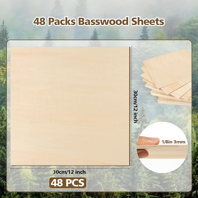 Adrattnay Basswood Sheets 3mm - 1/8 x 12 x 12inch, 48pcs Square Laser Basswood Plywood for Laser Cutting & Engraving DIY Crafts, Wood Burning, Painting, Architectural Model Building - Image 2