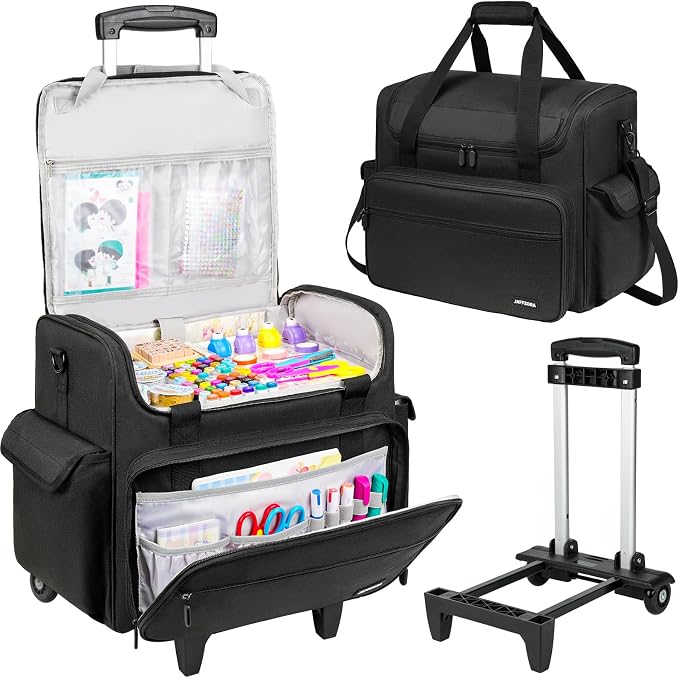 Rolling Craft Bag, Large Craft Bag with Wheels for Scrapbook Supplies | Scrapbook Tote with 15.6'' Laptop Sleeve, Rolling Art Supply Storage for Scrapbooking Tools, Black (Bag Only) by Jaffzora