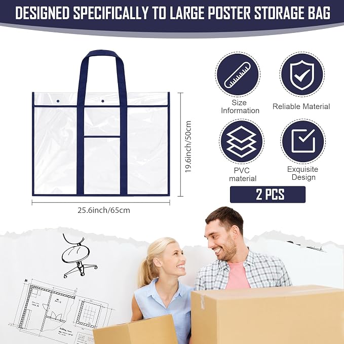 Windyun 2 Pack Large Poster Storage Bag 20" x 26" Bulletin Board Holder Art Portfolio Case PVC Art Portfolio Container Storage Box with Pocket for Classroom Teacher Organization(Blue) - Image 2
