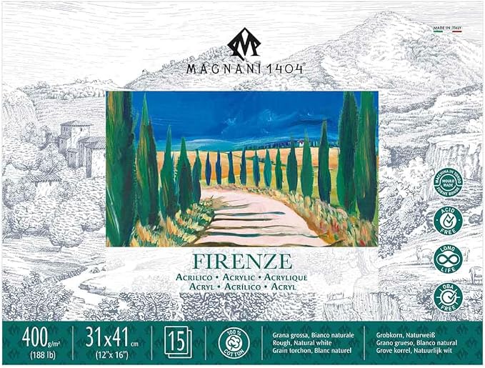 Magnani 1404 Firenze 100% Cotton Acrylic Paint Paper Pad, 9x12 188 lb. 15 Heavyweight Sheets, Rough Texture, Vegan Sizing, Natural White Acrylic Paper Pad for Acrylic, Gouache, Ink & Watercolor by Magnani1404