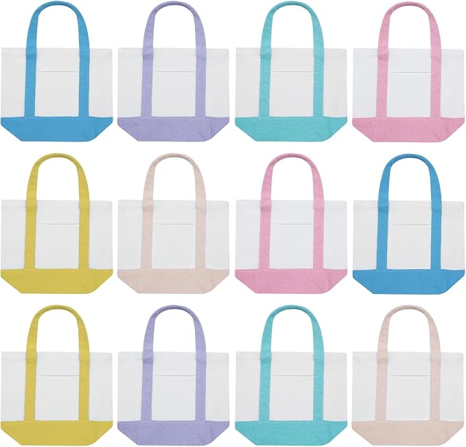 Eccliy 6 Pcs Mini Canvas Tote Bags 13" x 11" x 6" Small Tote Shopping Bag Bulk with Pocket Handle Blank Heavy Duty Reusable Canvas (13" X 11" X 6",Pastel Color) by Eccliy