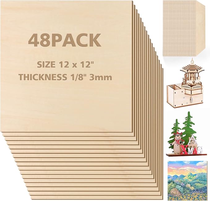 Adrattnay Basswood Sheets 3mm - 1/8 x 12 x 12inch, 48pcs Square Laser Basswood Plywood for Laser Cutting & Engraving DIY Crafts, Wood Burning, Painting, Architectural Model Building by WOODEXPERT