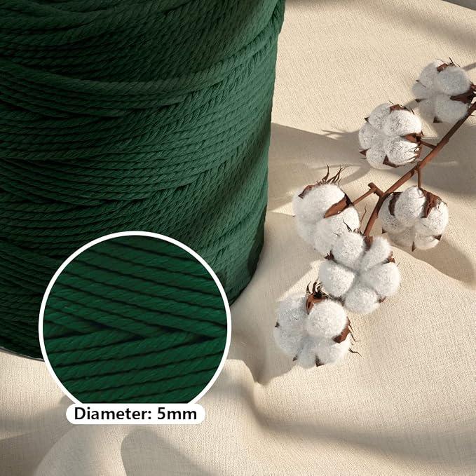 ZUEXT Macrame Cord, Blackish Green, 5mm x 328yds Cotton String Macrame Yarn | Natural Handmade, 4 Strands Twisted Cotton Rope, for Craft Wall Hanging Weaving Tapestry Dream Catchers Hanger DIY Gift, 300m - Image 3