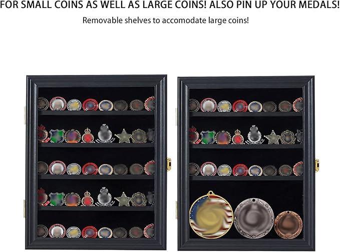 Military Challenge Coin Display Case Lockable Cabinet Rack Holder Shadow Box with Removable 2 Grooves Shelves and Anti Dust Door for Casino Poker Chips Collectibles, Small - Black - Image 4
