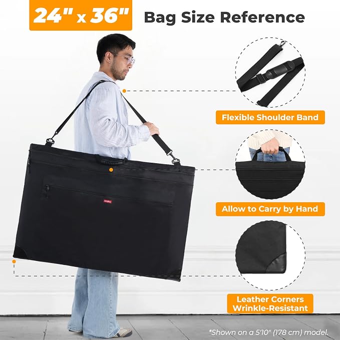 Nicpro Light Weight Art Portfolio Bag, 24" x 36" Art Canvas Portfolio Case | with Detachable Shoulder Strap, Leather Corners, Carrying Storage Case for Artwork, Poster, Sketching, and Drawing, Black - Image 2