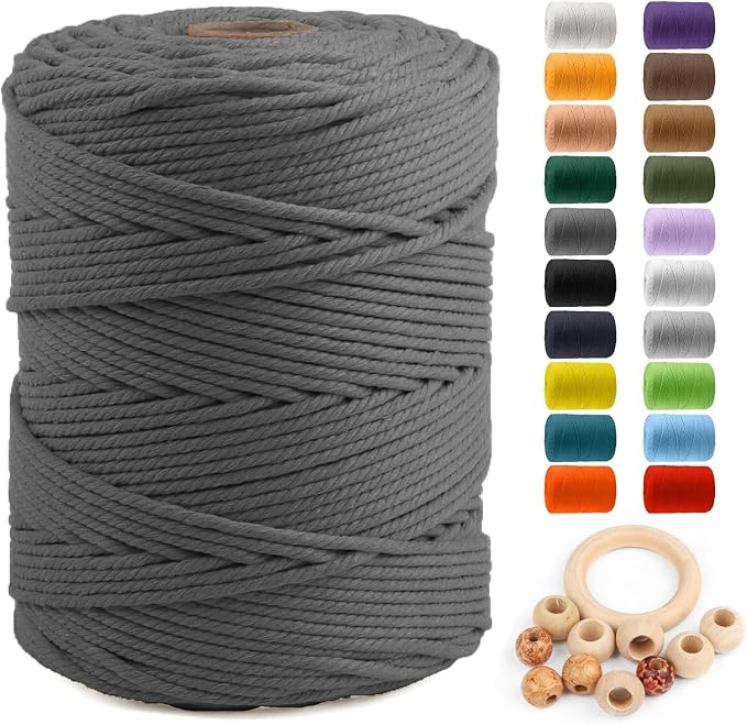 ZUEXT Macrame Cord, Gray, 5mm x 328yds Cotton String Macrame Yarn | Natural Handmade, 4 Strands Twisted Cotton Rope, for Craft Wall Hanging Weaving Tapestry Dream Catchers Hanger DIY Gift, 300m by ZUEXT